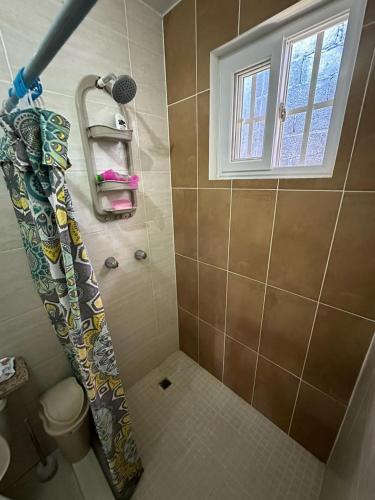 a bathroom with a shower with a toilet and a window at Cuartos amoblados arraijan in Palo Diferente