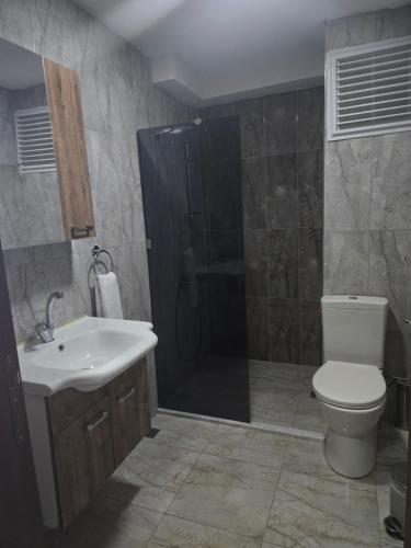 a bathroom with a shower and a toilet and a sink at Olive Tree Apart Hotel in Muğla