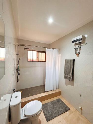a white bathroom with a toilet and a shower at Casa Leo in Agboogba