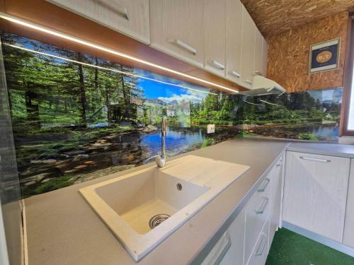 a kitchen with a sink and a window with a view at Кампинг Петлето in Sokolovtsi