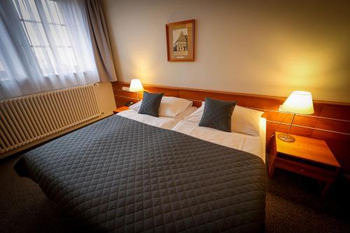 a hotel room with a large bed with two lamps at LH Hotel Dvořák Tábor Congress & Wellness in Tábor