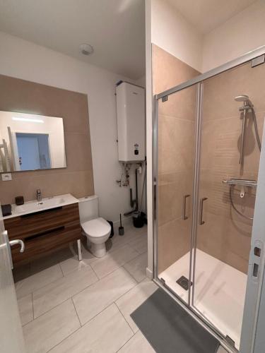 a bathroom with a shower and a toilet and a sink at Résidence la Plage in La Bourboule