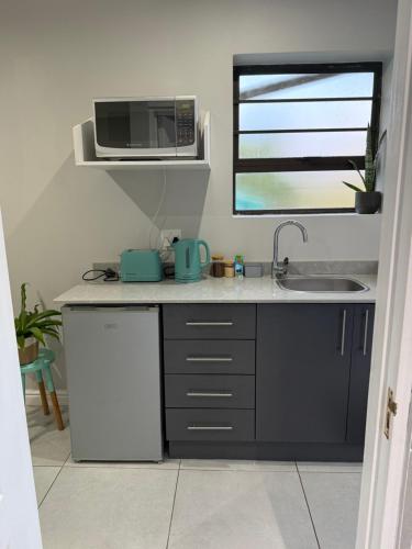 a kitchen with a sink and a microwave at The Apartment on Risa in Emerald Hill
