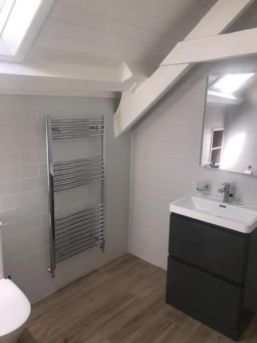 a bathroom with a sink and a mirror at Wells House & Gardens Self Catering 3 Bedrooms & Sofa Bed Sleep8 in Glenranny