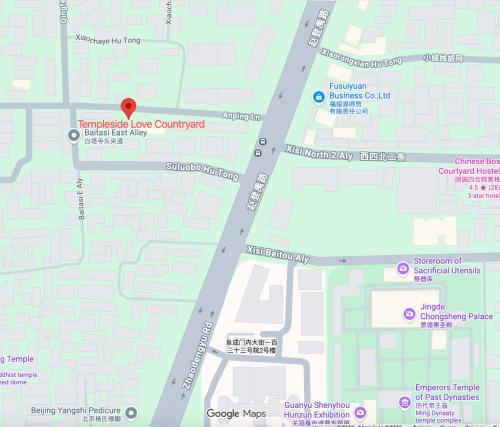 a screenshot of a google map with a red marker at Beijing Templeside Courtyard Hotel 丨 3 metros to the Square丨Free laundry, personalized services large terrace in Beijing