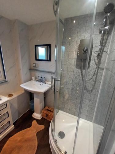 a bathroom with a shower and a sink at The Captains in Bettyhill