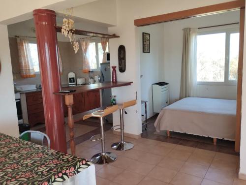 a bedroom with a bed and a desk and a sink at APA Las Condalias in Puerto Madryn