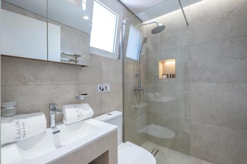 a bathroom with a shower and a sink and a toilet at Fragos Garden Studios in Kyllini