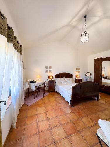 a bedroom with a bed and a desk and a table at Antico Stazzo Gallurese in Luogosanto
