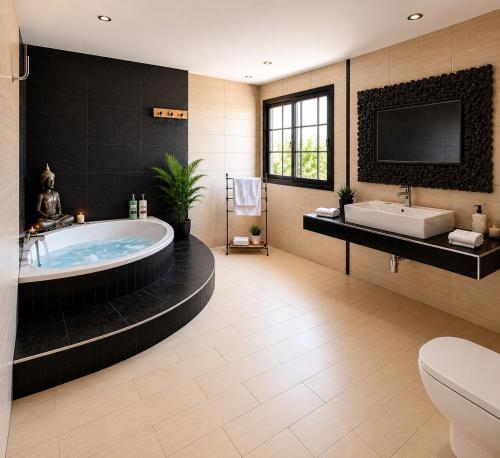 a bathroom with a tub and a toilet and a tv at Villa El Valle - Piscina climatizada in Tarajalejo