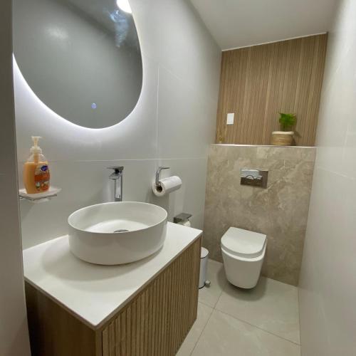 a bathroom with a sink and a toilet at La casa del cuadro in Lima