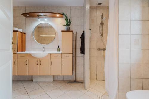 a bathroom with a sink and a mirror and a shower at Cozy house with garden in Odense
