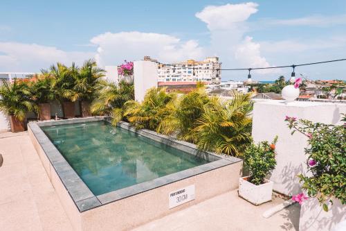 a swimming pool on top of a building with palm trees at Soy Local Centro Histórico in Cartagena de Indias