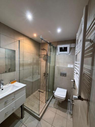 a bathroom with a shower and a toilet and a sink at Dvali in Tbilisi City