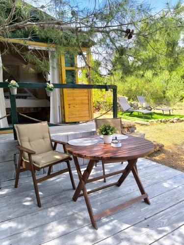a wooden table and chairs on a wooden deck at Paradise kosirina in Murter