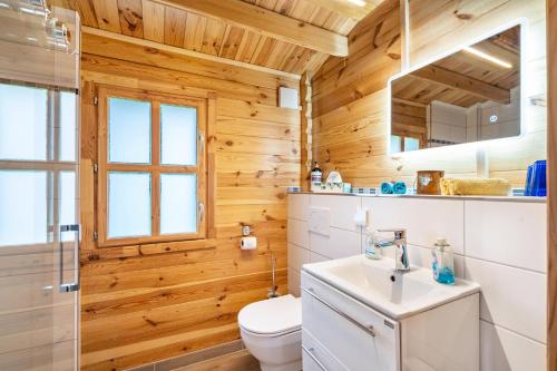 a bathroom with wooden walls and a toilet and a sink at Adler Sommerhaus Oderwitz in  Oderwitz