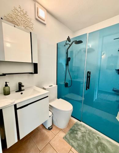 a bathroom with a shower and a toilet and a sink at Sea View Rooftop in Cabo Rojo