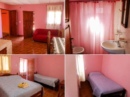 two pictures of a room with pink walls at Posada Yacoraite Tilcara in Tilcara