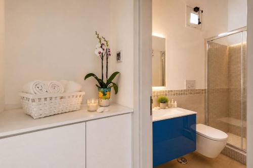 a bathroom with a toilet and a blue cabinet at Amore Rentals - Villa Anna in Positano
