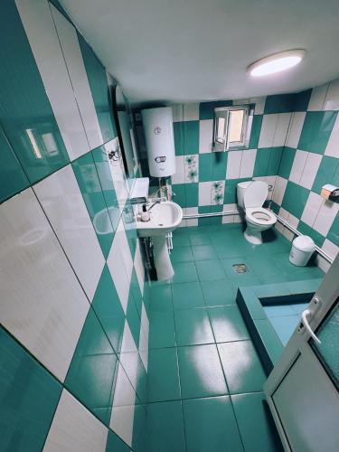a bathroom with green and white tiled walls and toilets at Casa Denisa in Sulina