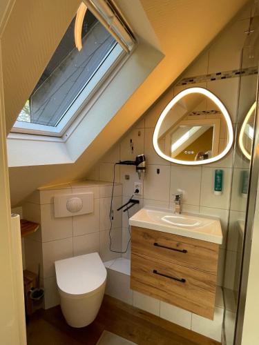 a bathroom with a toilet and a sink at Charmantes Apartment mit gemütlichem Flair außerhalb gelegen in Bad Essen