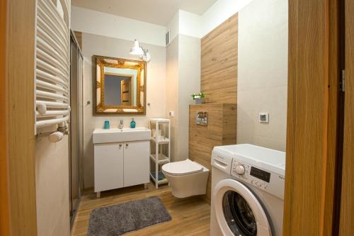 a bathroom with a washing machine and a sink at Apartament u Jadwigi in Jantar