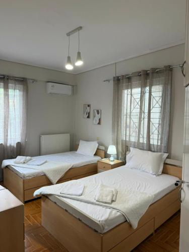 two beds in a room with two windows at The Spartan Horizon in Sparta