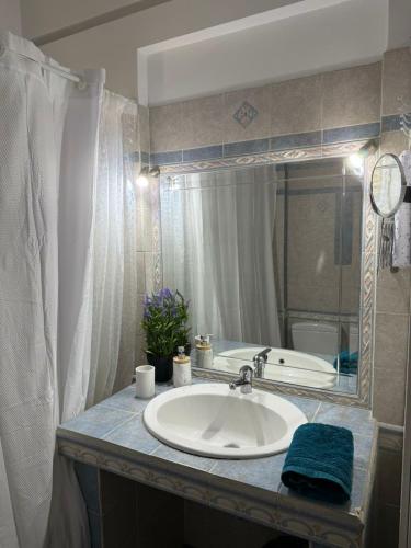 a bathroom with a sink and a mirror and a tub at The Spartan Horizon in Sparta