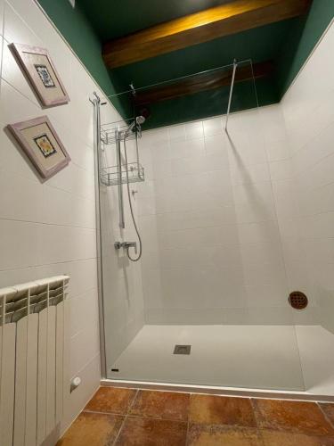a shower with a glass door in a bathroom at Casa O'Tinte in Alquézar