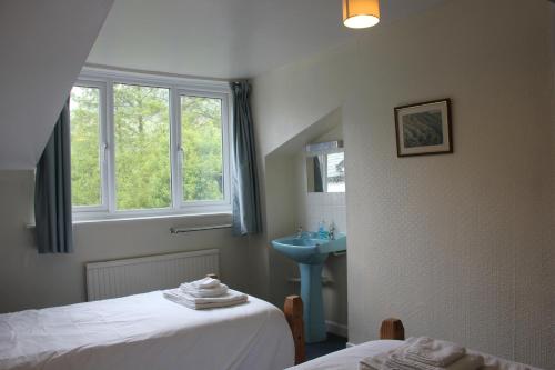 a bedroom with a bed and a sink and a window at Half Moon Inn in Llanthony