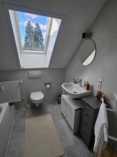 a bathroom with a sink and a skylight at Talblick Saschwalle in Sasbachwalden