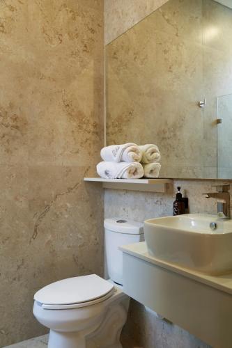 a bathroom with a toilet and a sink and a mirror at Hotel Consulado in Guadalajara
