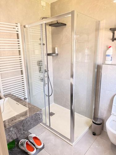 a bathroom with a shower and a toilet at Happy Hue rooms Malpensa airport in Samarate