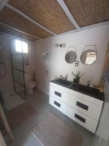 a bathroom with a sink and a toilet and a shower at Charmante chambre d'hôtes "CARLA" avec piscine, Château de Favas in Bargemon