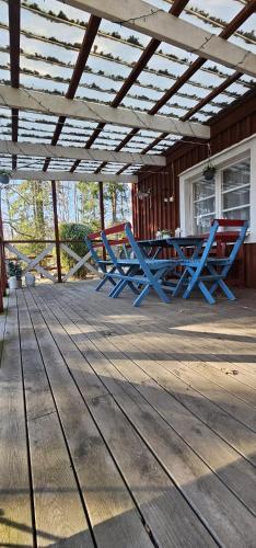 two blue picnic tables sitting on a patio at Typisches Schwedisches Haus in Eriksmåla