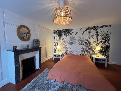a bedroom with a large bed and a fireplace at L'Annexe du Piton in Sancerre