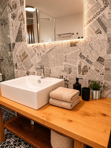 a bathroom with a white sink and a mirror at Apartamentos La Iguana in Hervás