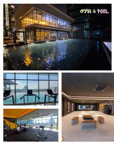 a collage of pictures of a building with a pool at Cozy Stay Studio in Shah Alam