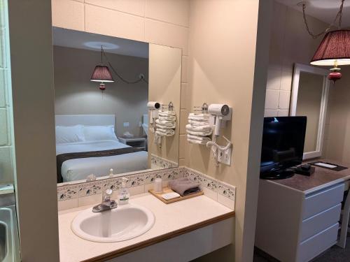 a bathroom with a sink and a mirror and a bed at The King's Motel in Sundre