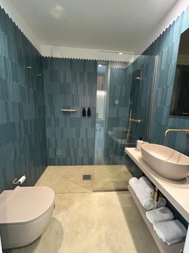 a bathroom with a toilet and a sink and a shower at Dovecote Houses in Viana do Castelo