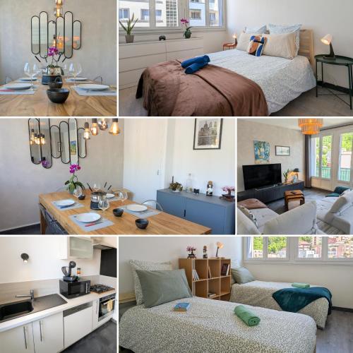 a collage of photos of a bedroom and a living room at Le St Mens in Gap