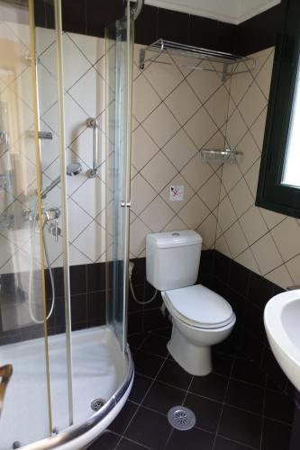 a bathroom with a toilet and a shower and a sink at One Bedroom Villa in Alikanas
