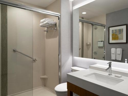 a bathroom with a toilet and a sink and a shower at Hyatt Place Milwaukee Downtown in Milwaukee