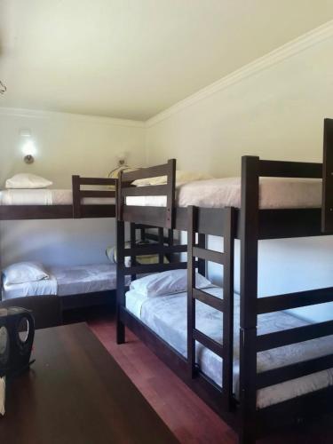 a room with three bunk beds in a room at Alojamiento Cabañas in Pucón