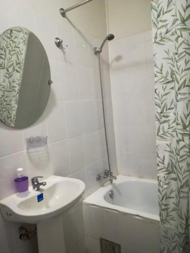 a bathroom with a sink and a tub and a mirror at Alojamiento Cabañas in Pucón