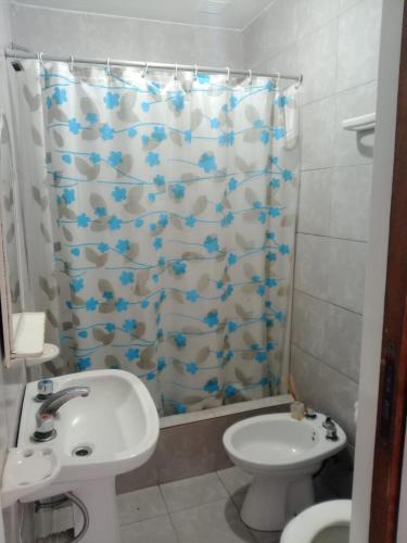 a bathroom with a shower curtain with a sink and a toilet at El Galpon Aparts in General Pacheco