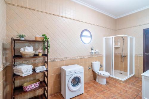 a bathroom with a washing machine and a toilet at Casa Rural Villa Lucrecia in La Lantejuela