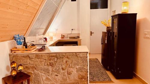 a kitchen with a counter and a refrigerator in a room at Frogs Aviator's Cottage in Dharmsāla