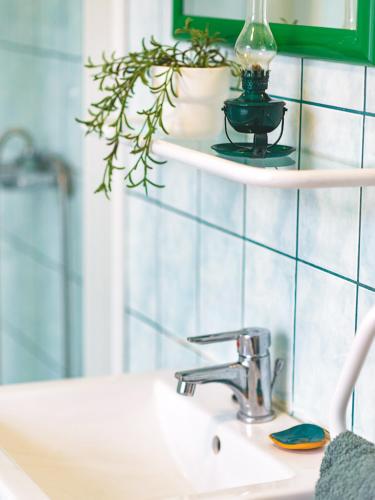 a bathroom with a sink and a mirror at Zöldspalettás in Monor
