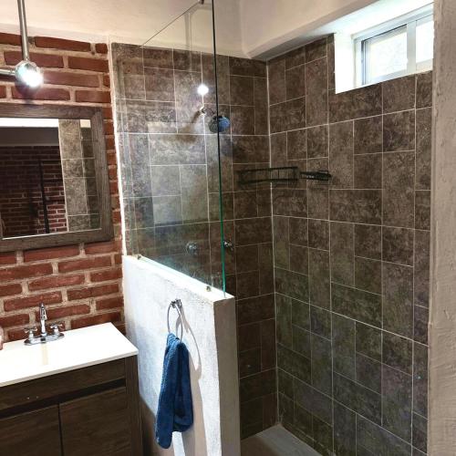 a bathroom with a glass shower with a sink at Loft acogedor cerca de Jardines de México in Vidalrstn